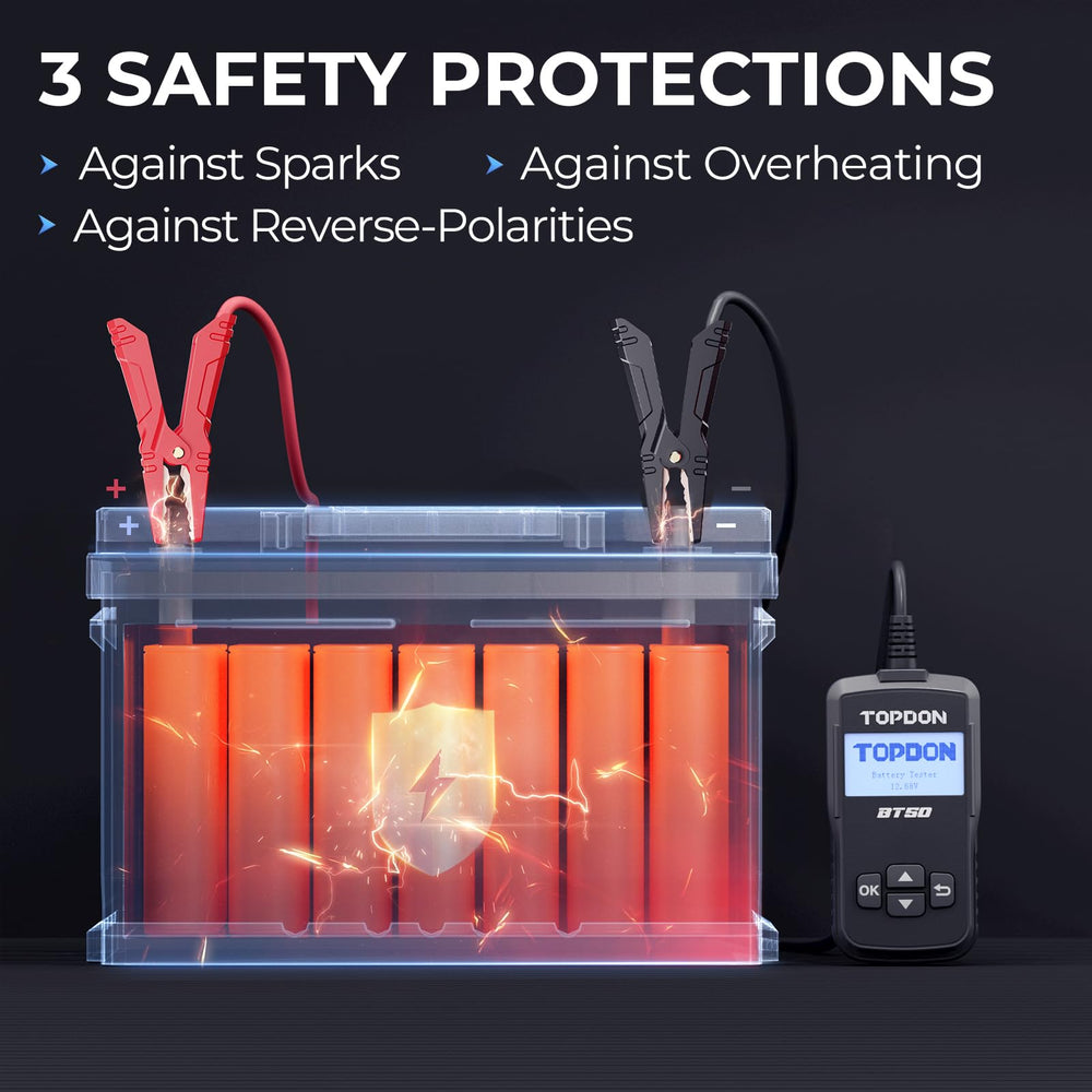 TOPDON BT50 packaging and manual showing included accessories and quick-start guidance