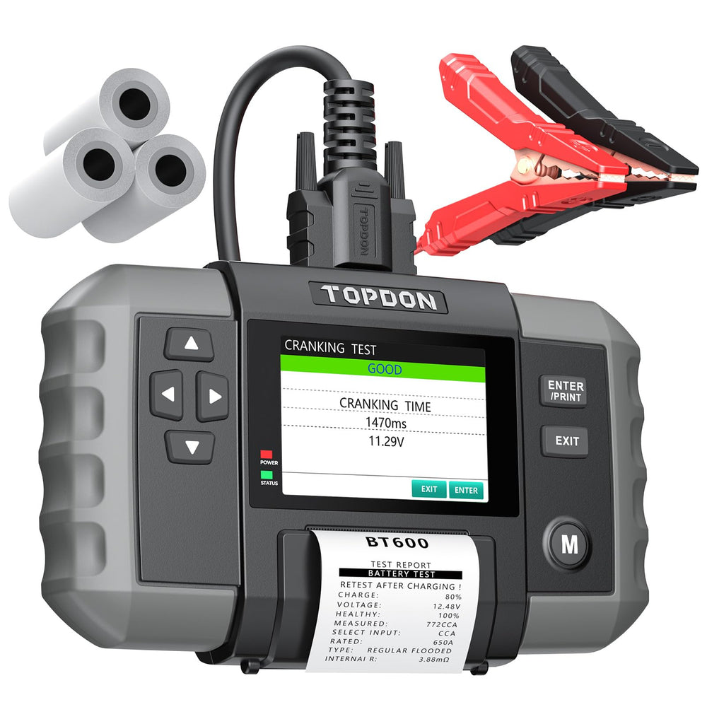 TOPDON BT600 front display showing clear test results and fast diagnosis benefit