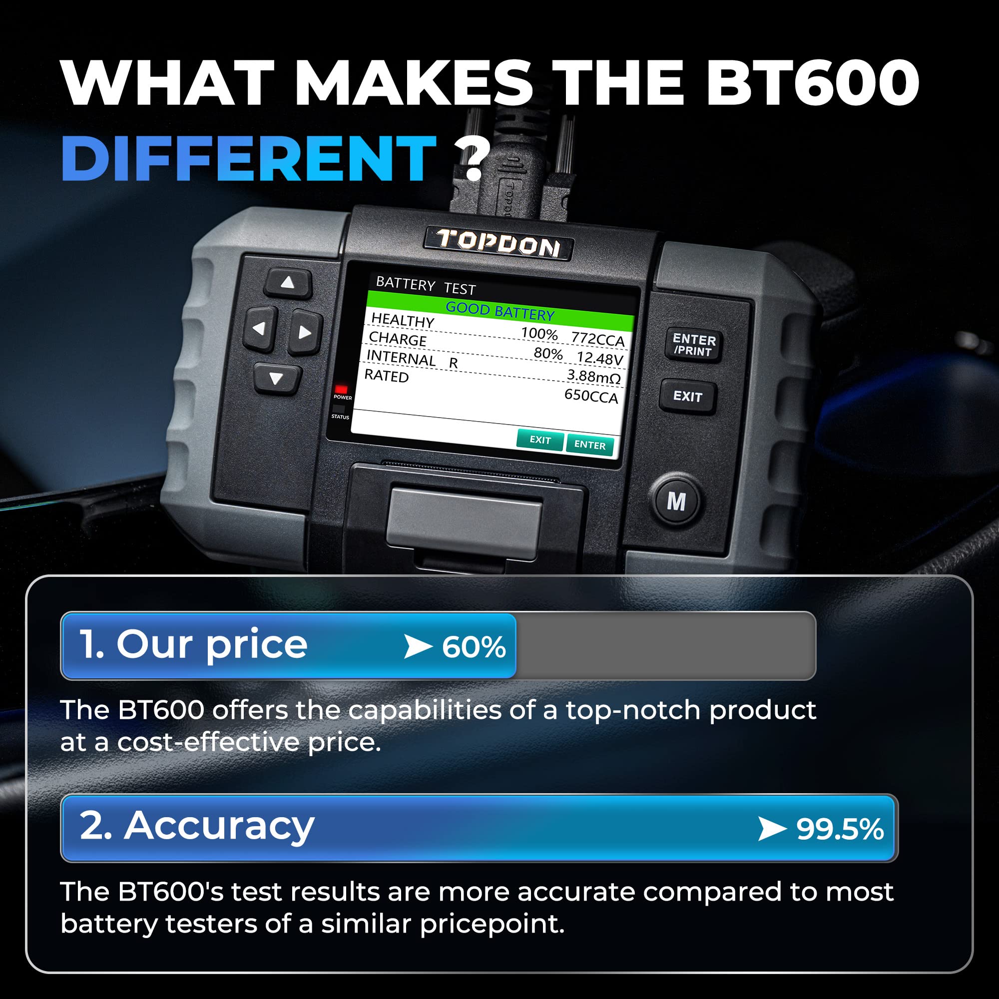 TOPDON BT600 built-in printer printing a thermal test report for shop records