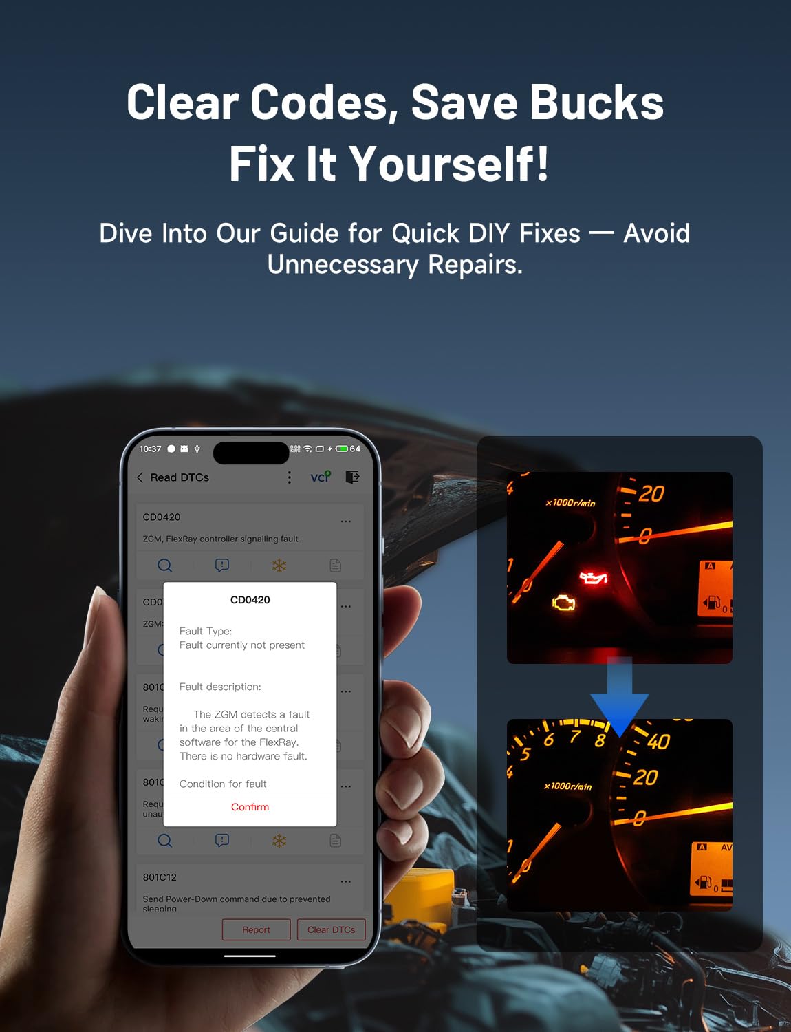 TOPDON TopScan Lite reset menu screen with one-tap oil and DPF service options