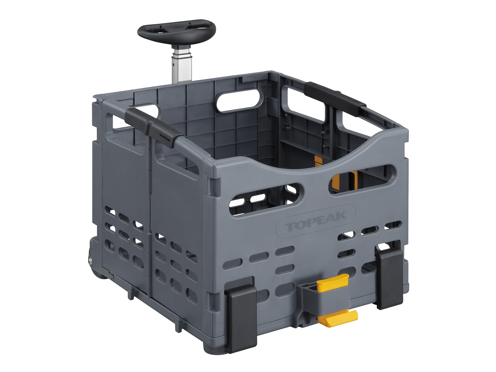 Topeak TrolleyTote front view mounted on MTX rack showing secure carry benefit