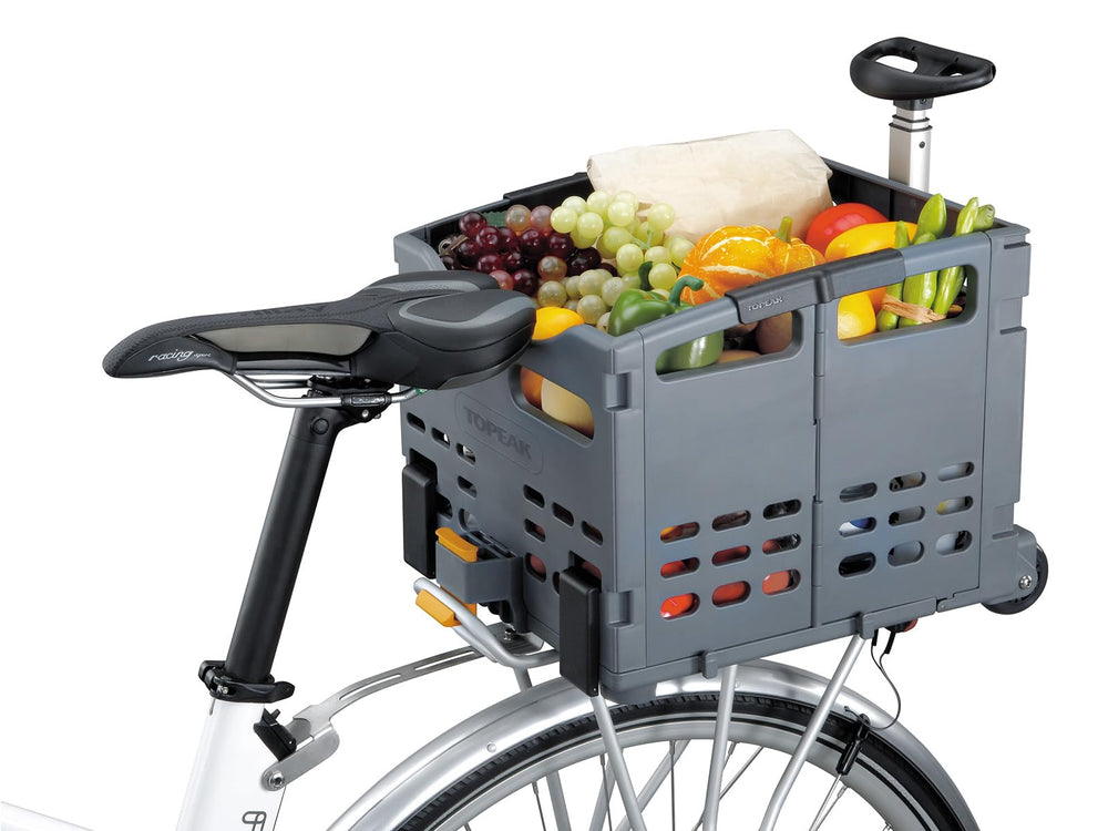 Topeak TrolleyTote being rolled through market for convenient errands benefit