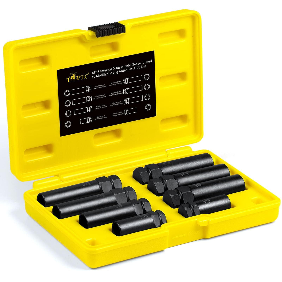 Topec front packaging showing full 8-piece kit and compact case for easy storage