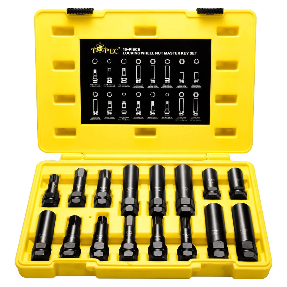 Topec front packaging showing full 16-piece lug key kit and benefits