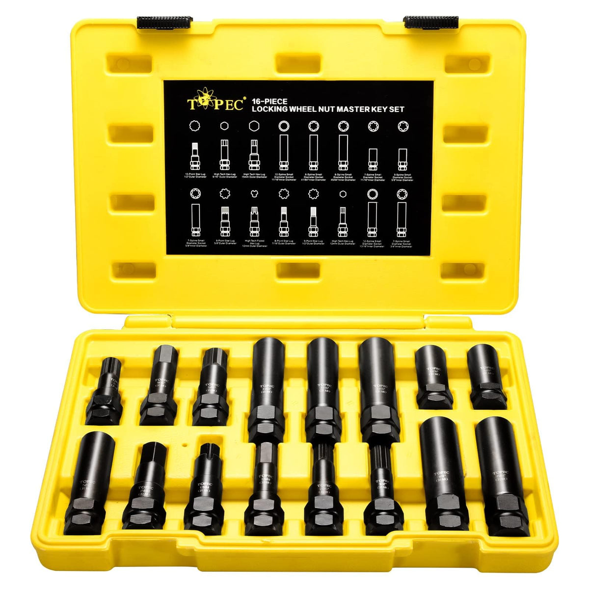 Topec front packaging showing full 16-piece lug key kit and benefits