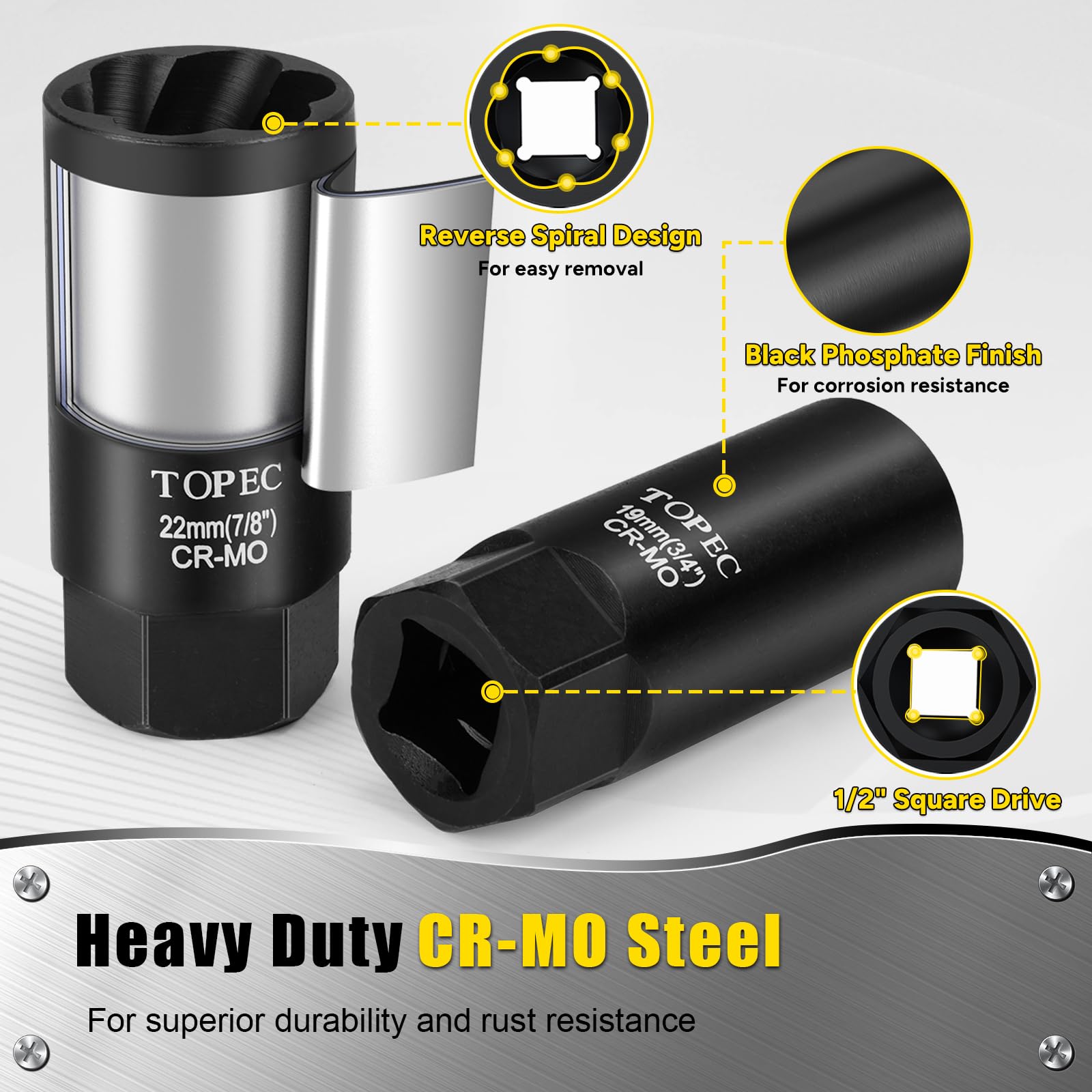Side profile of Topec deep socket next to standard socket to show 2.6" extended reach