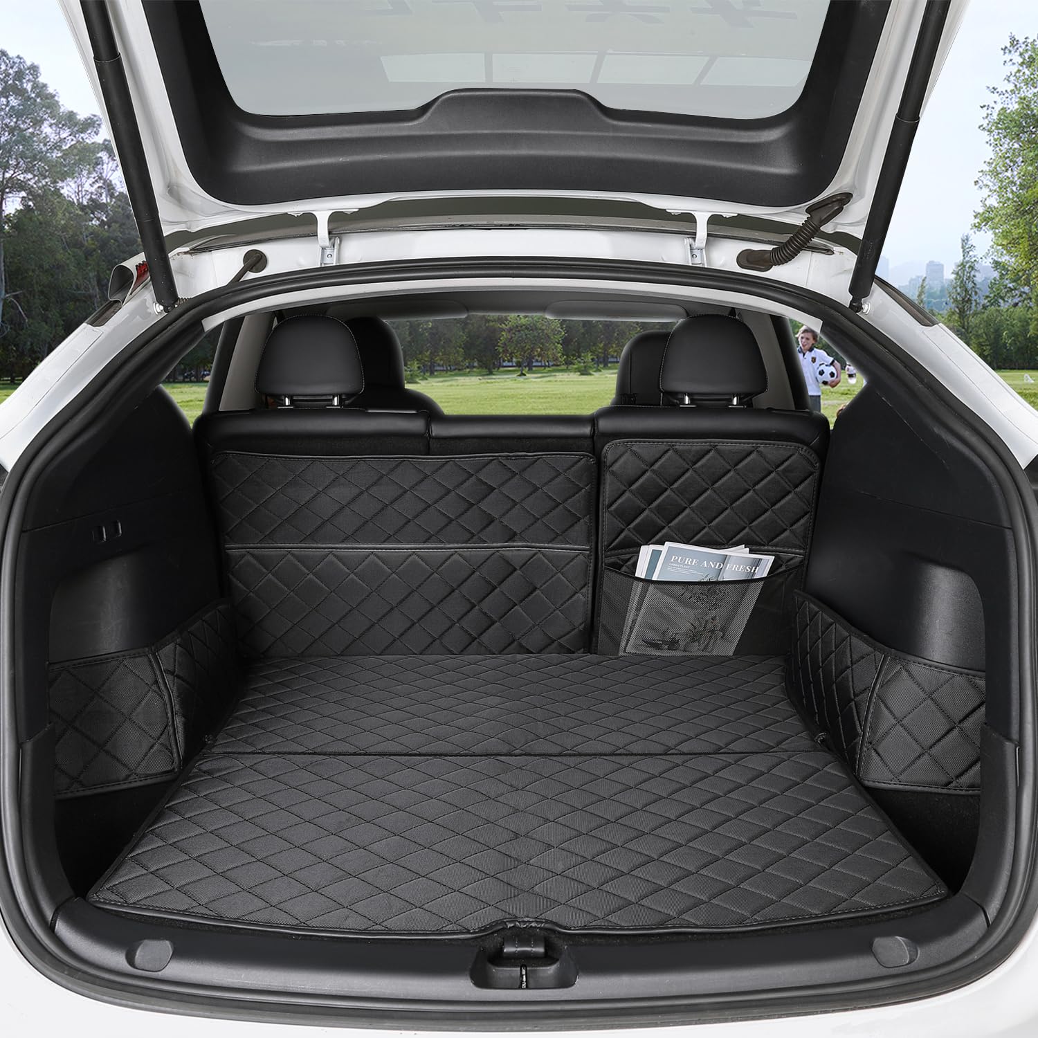 Topfit trunk mat front view showing full Model Y coverage and protection