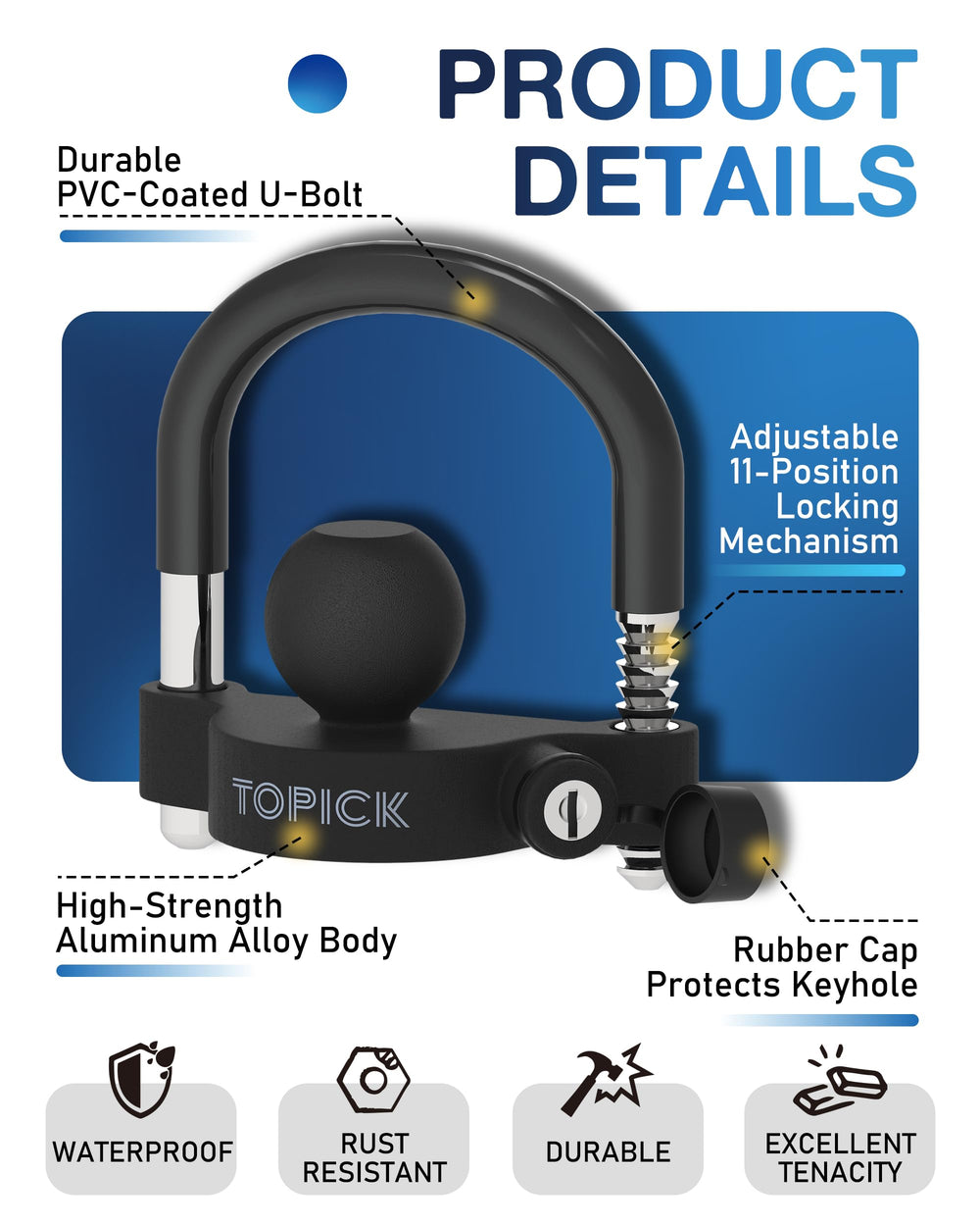 TOPICK ball-style coupler lock mounted on trailer hitch for theft prevention