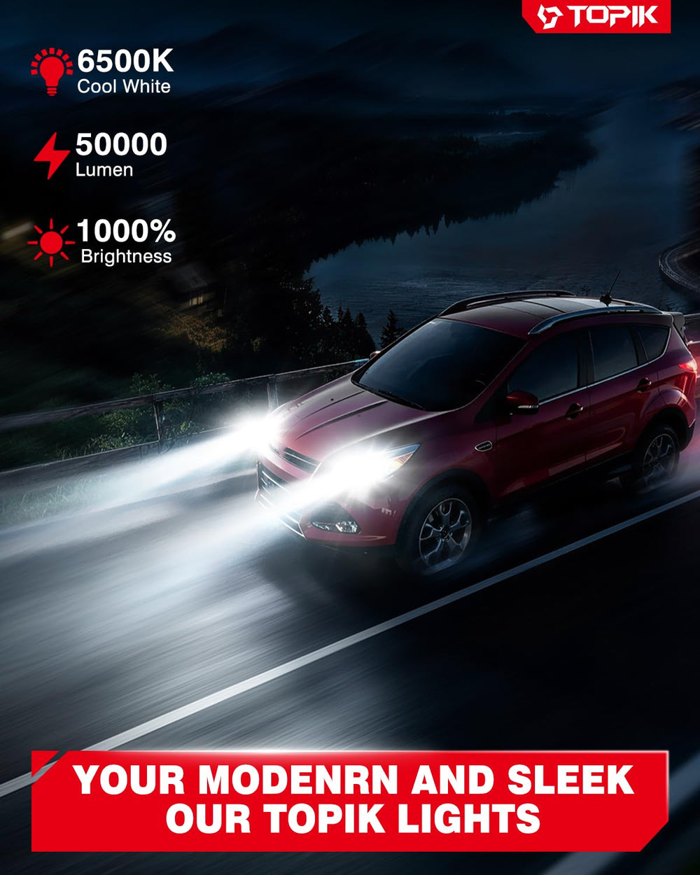 TOPIK in a car at night showing improved on-road illumination