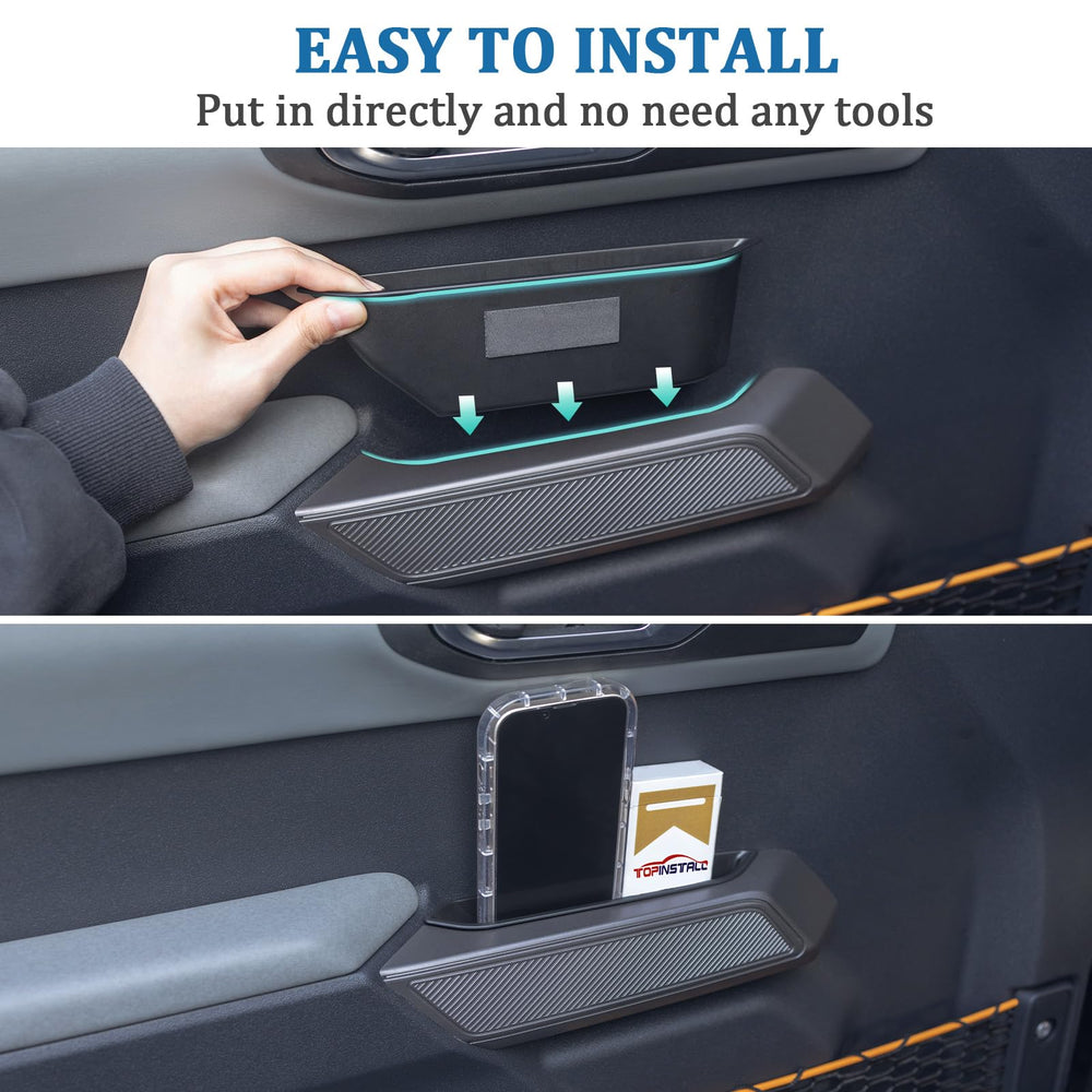 TOPINSTALL driver door storage close-up shows snug fit and reinforced edges