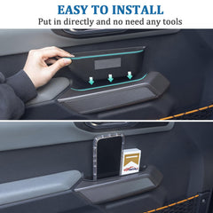 TOPINSTALL driver door storage close-up shows snug fit and reinforced edges