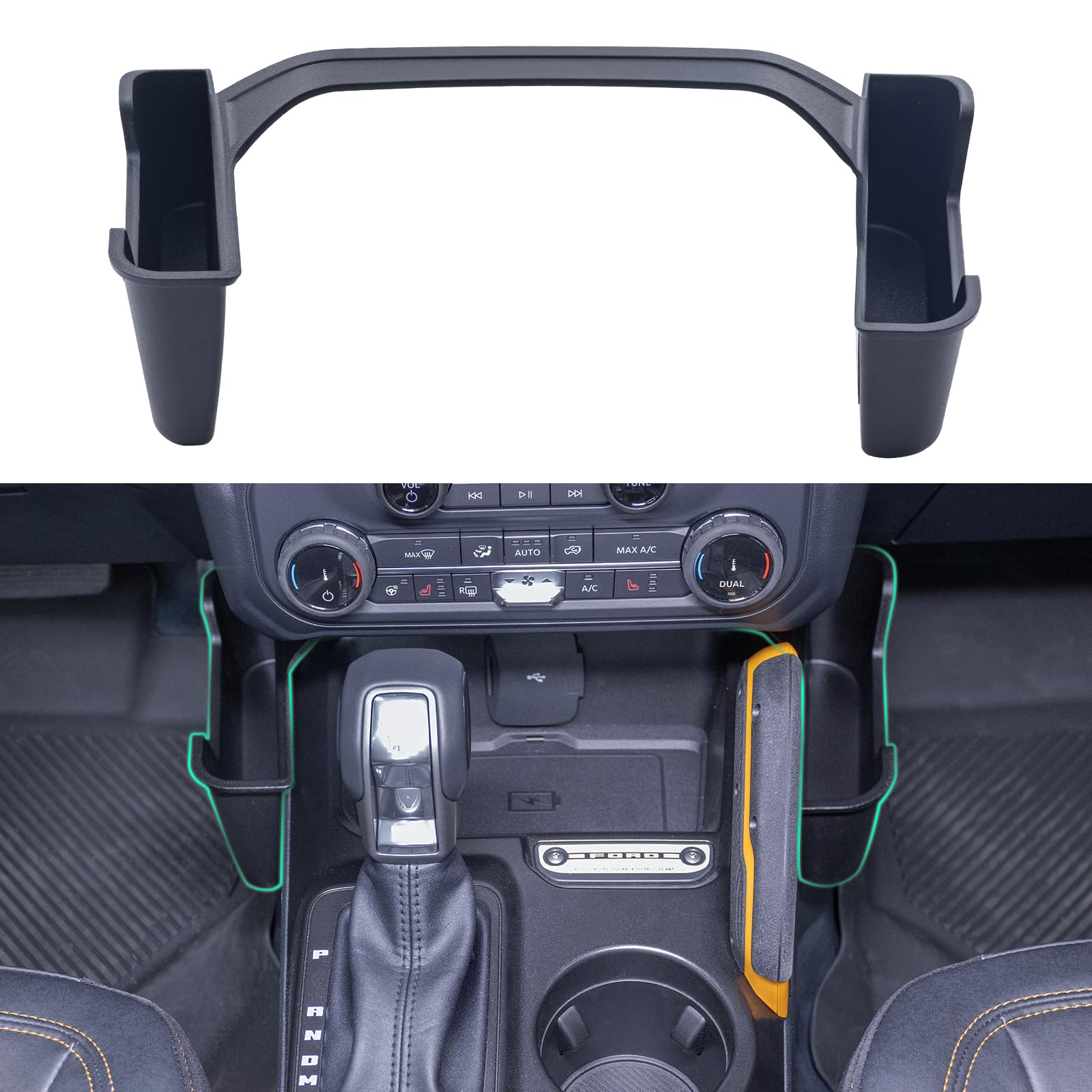 TOPINSTALL front view of gear shifter organizer showing fit and extra storage benefit
