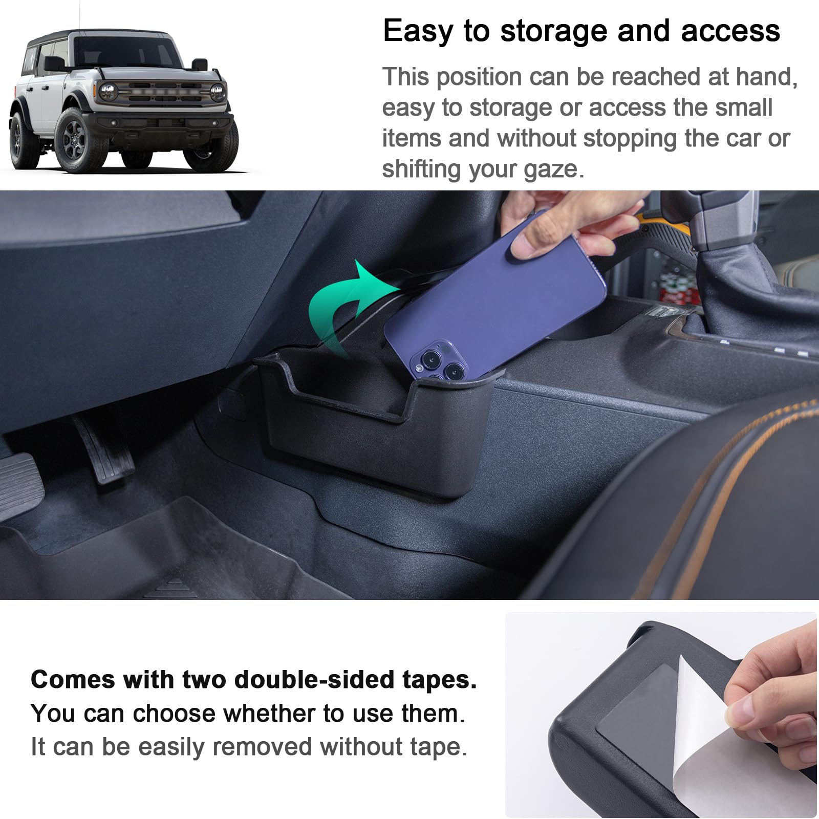 TOPINSTALL installed in Bronco cabin showing tidy interior and easier organization benefit