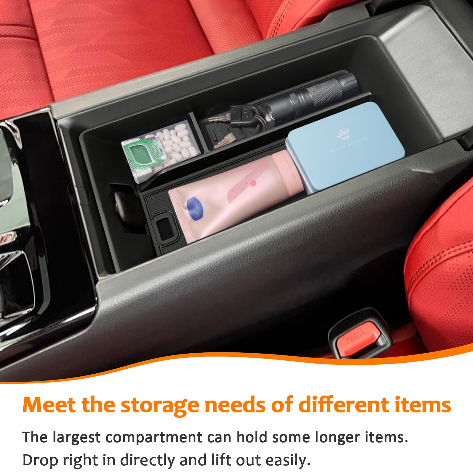 TOPINSTALL tray held by hand to show scale and precise fit in Camry console