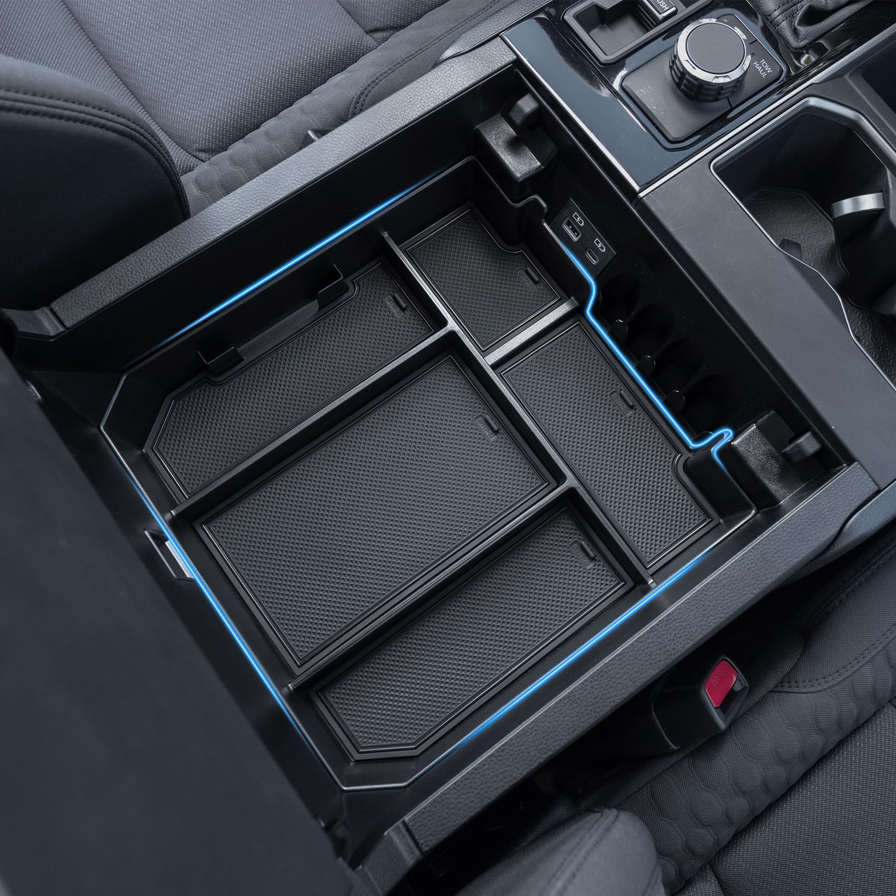 TOPINSTALL organizer front view showing fit and extra storage