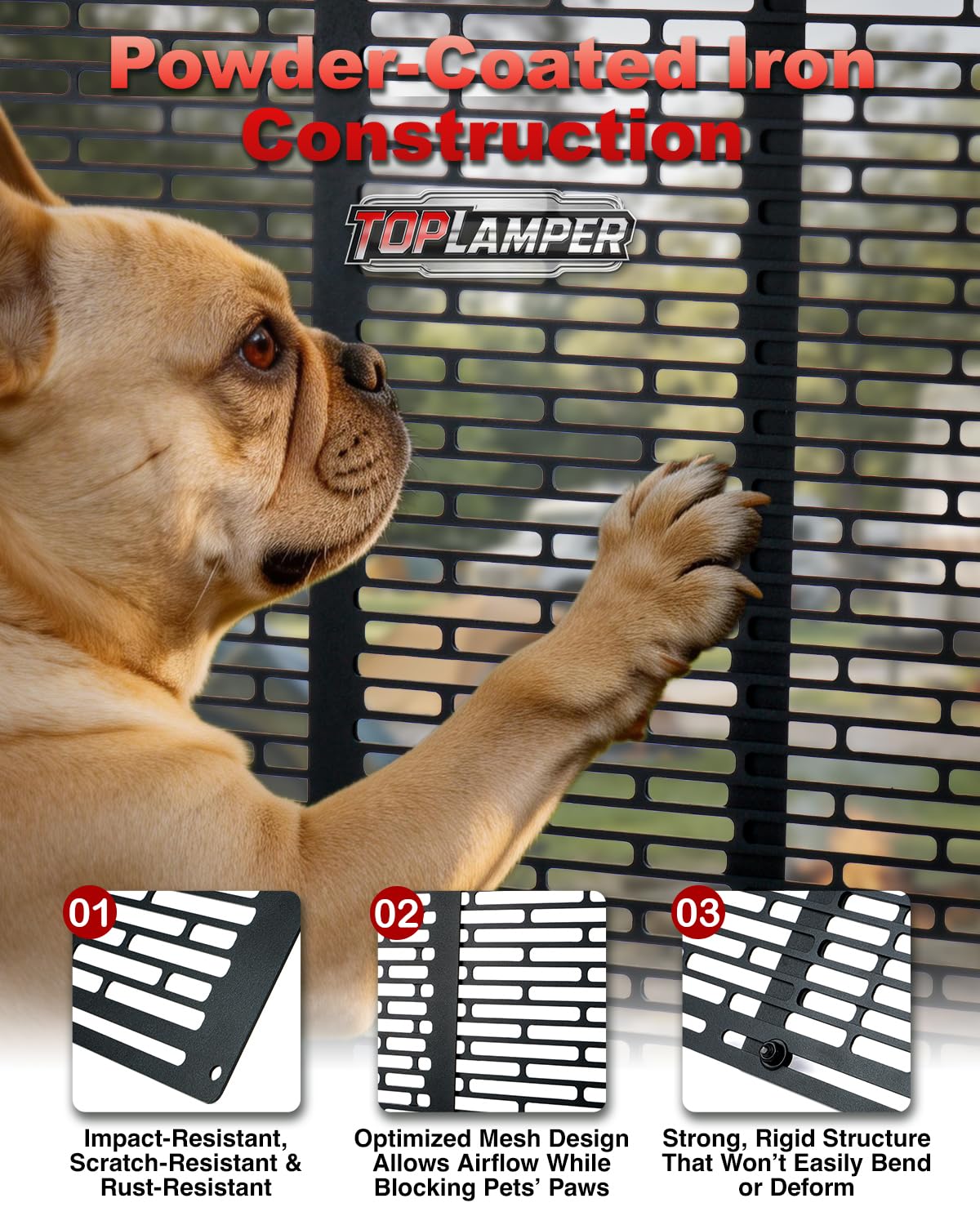 Toplamper close-up of powder-coated mesh texture highlighting durable scratch resistance