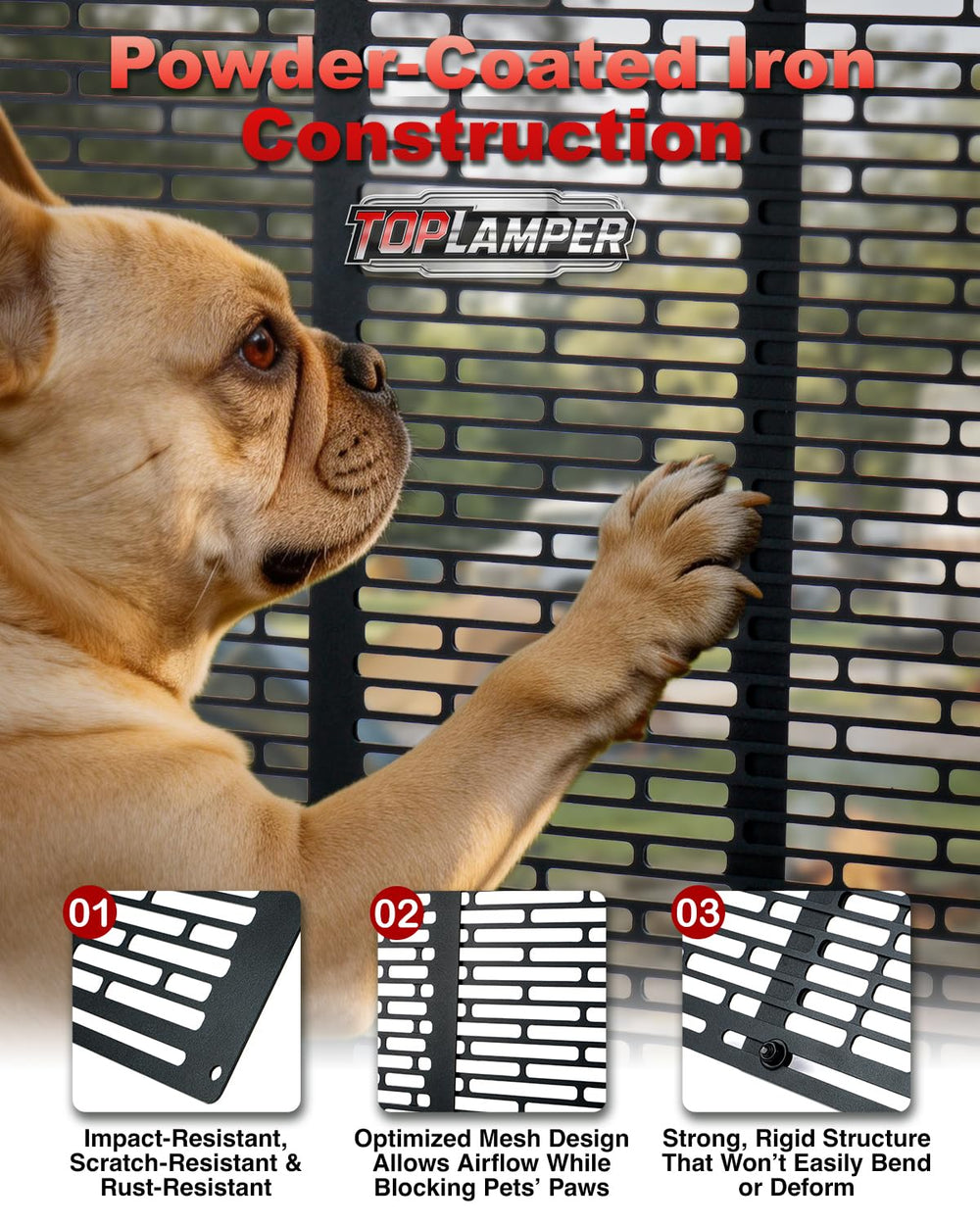 Toplamper close-up of powder-coated mesh texture highlighting durable scratch resistance