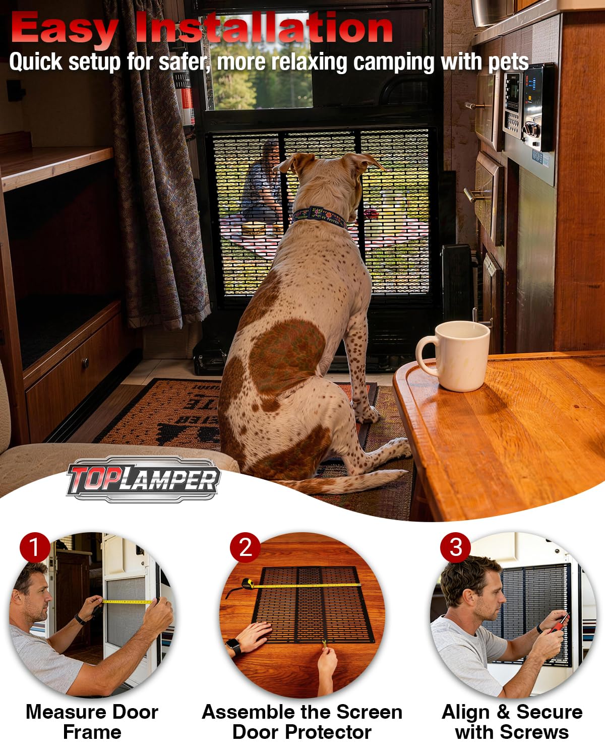Toplamper protector installed on an RV screen door illustrating added pet-proof protection