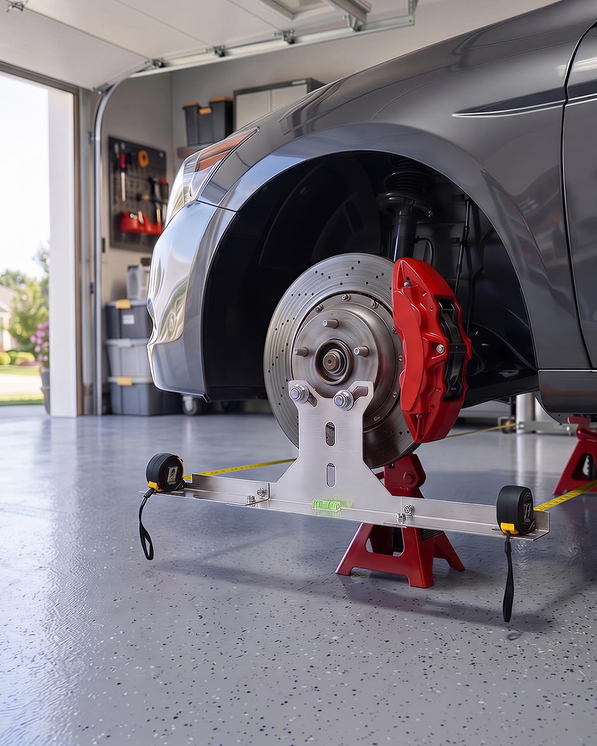 Toplamper on garage floor near tools showing DIY alignment workflow advantage