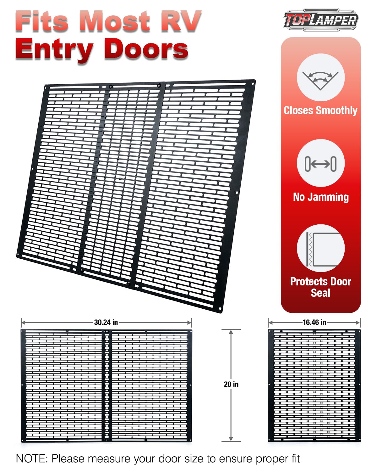 Toplamper panel beside a hand for scale demonstrating compact fit and coverage benefit
