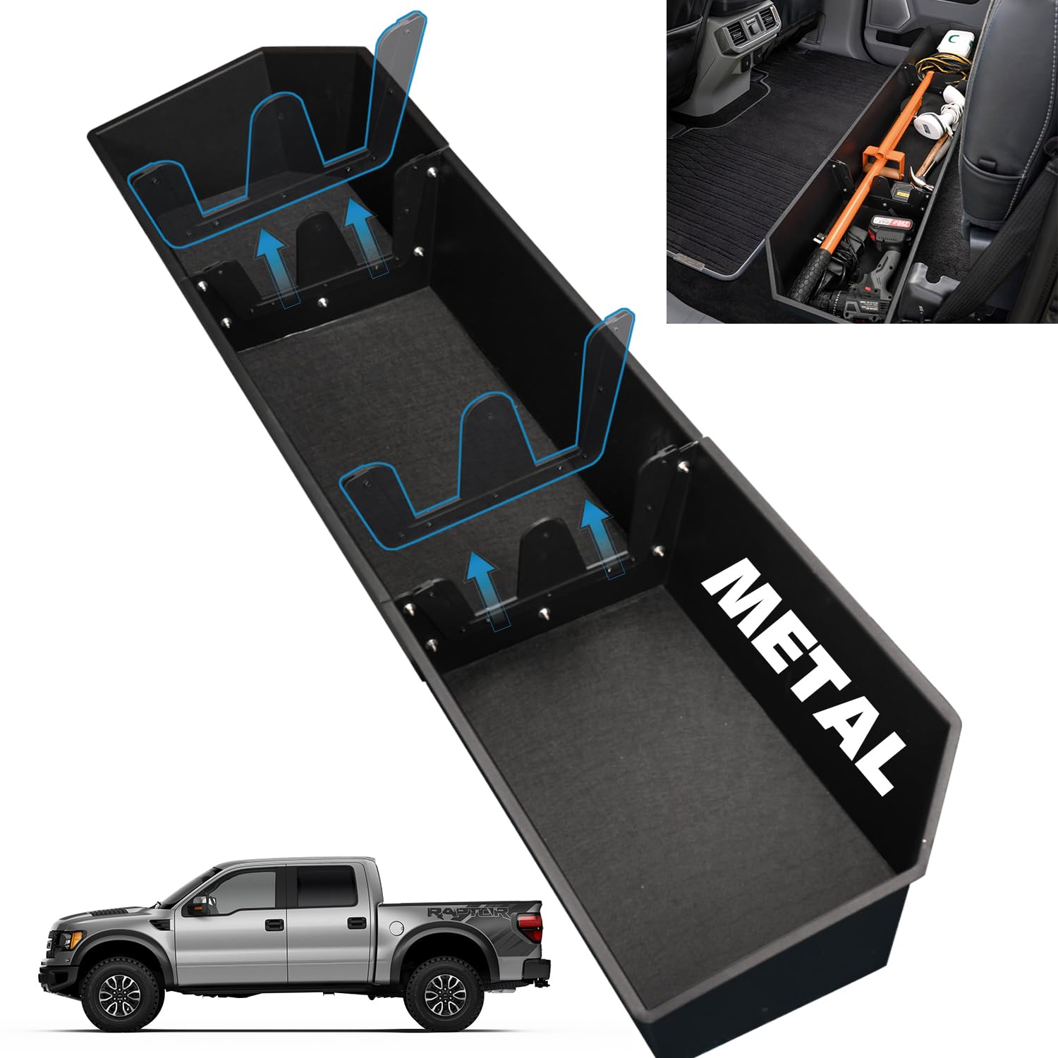 TOPOWN front view showing secure metal under-seat storage and durable build