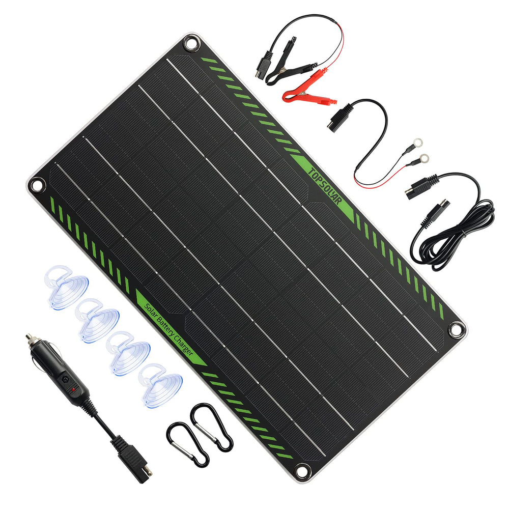 Topsolar front panel view showing compact design and portable benefit