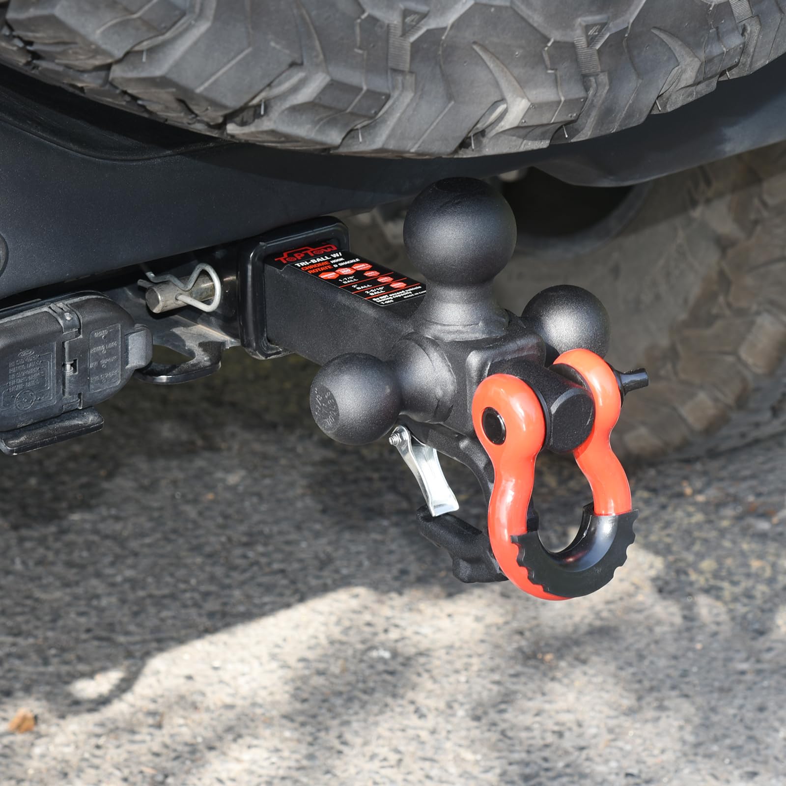 TOPTOW tactical tow hook with strap in use for convenient recovery