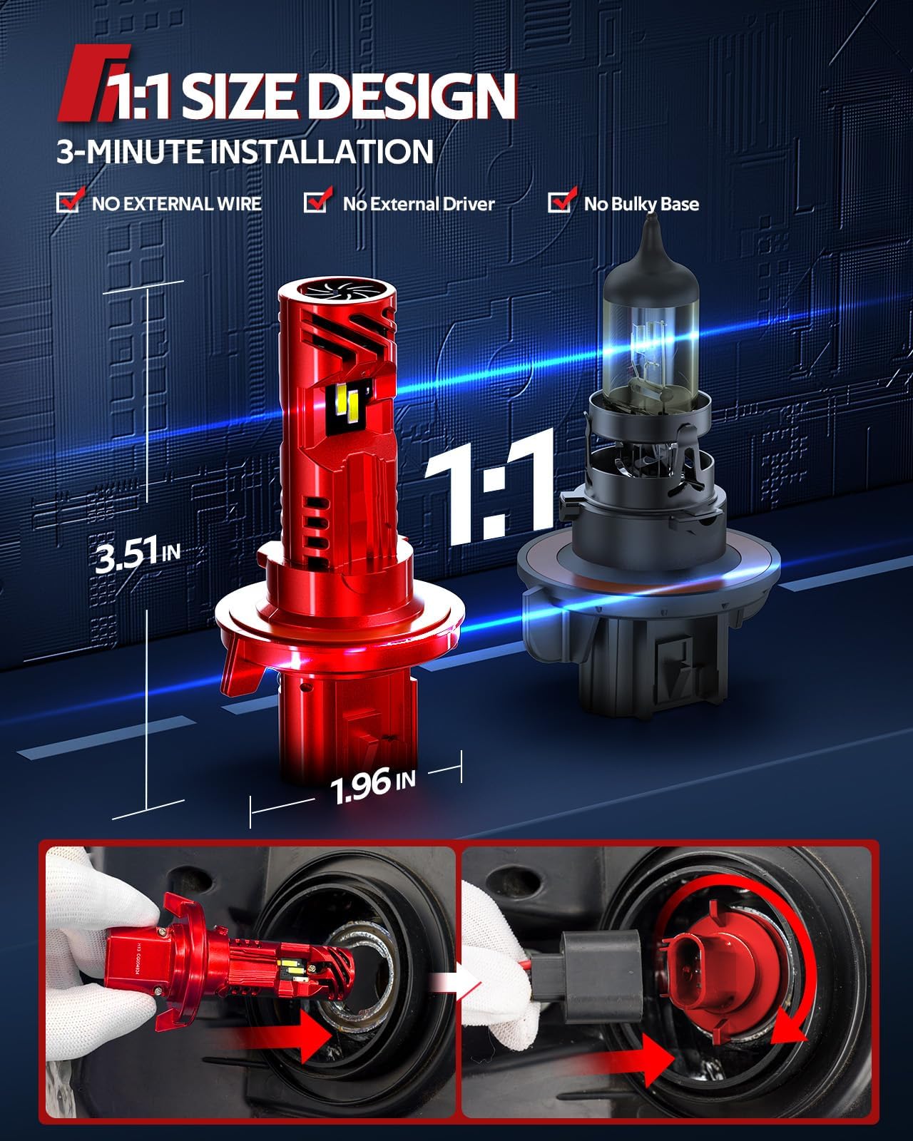 Torchbeam size comparison showing 1:1 form factor for easy replacement