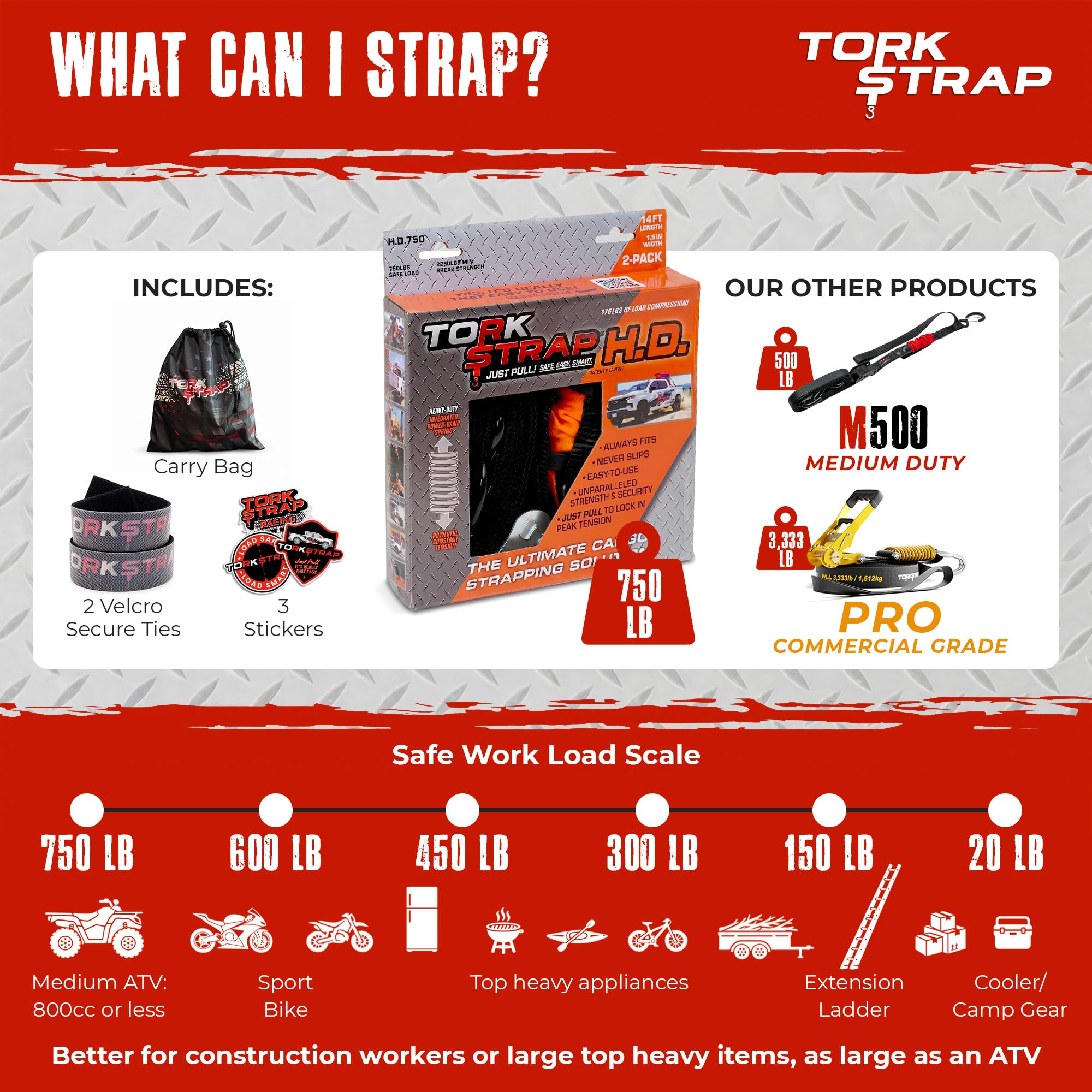 TorkStrap HD750 next to tape measure and carry bag showing 14 ft length