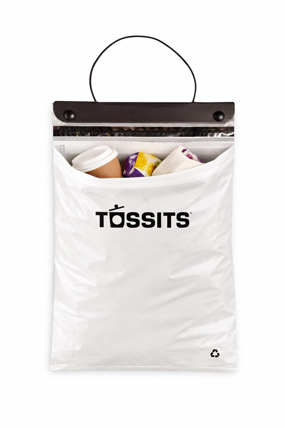 Tossits hanging bag in car showing leakproof closure and tidy cabin benefit