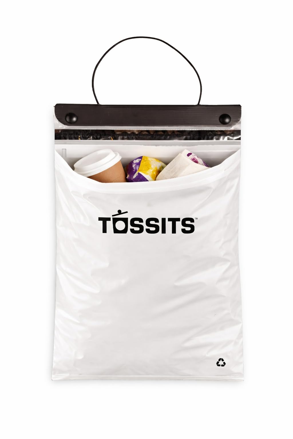 Tossits hanging bag in car showing leakproof closure and tidy cabin benefit