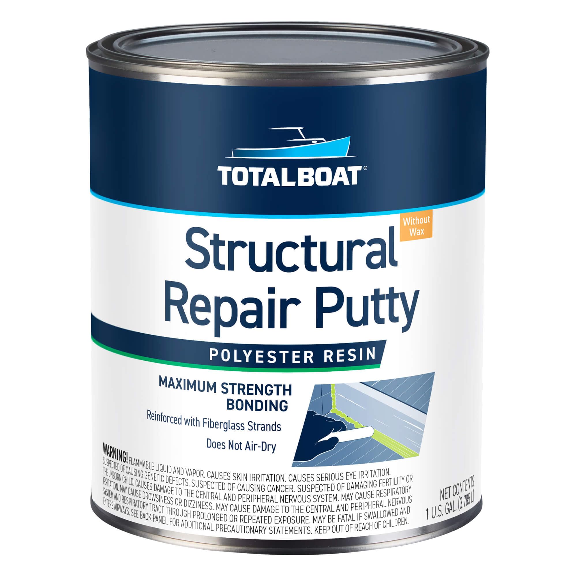 TotalBoat gallon putty container showing product front and durable formula benefit