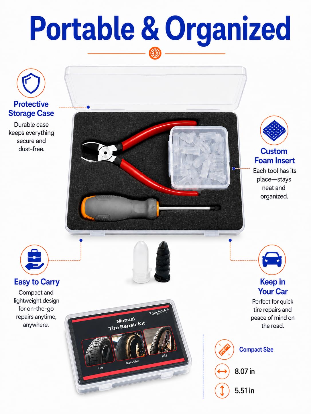 ToughGift compact case stored in vehicle trunk for easy roadside access