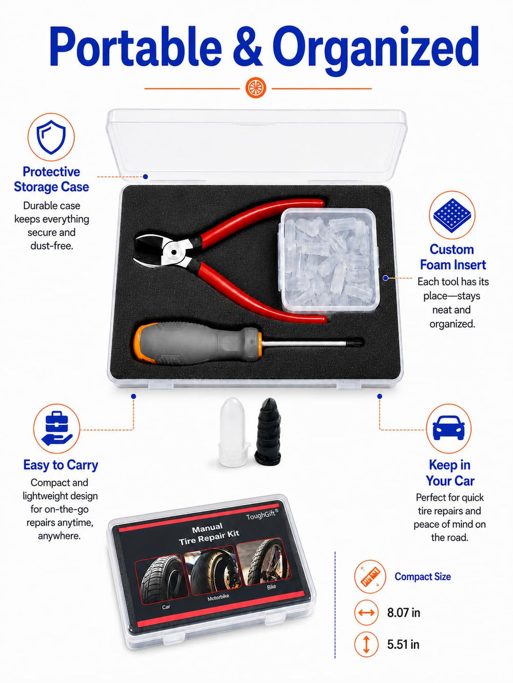 ToughGift compact case stored in vehicle trunk for easy roadside access