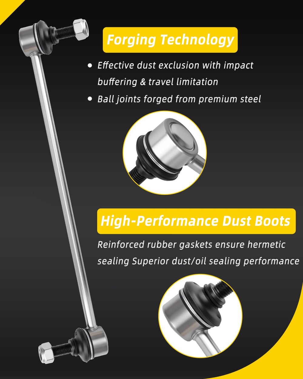TOVASTY side profile of sway bar link highlighting precise dimensions benefit