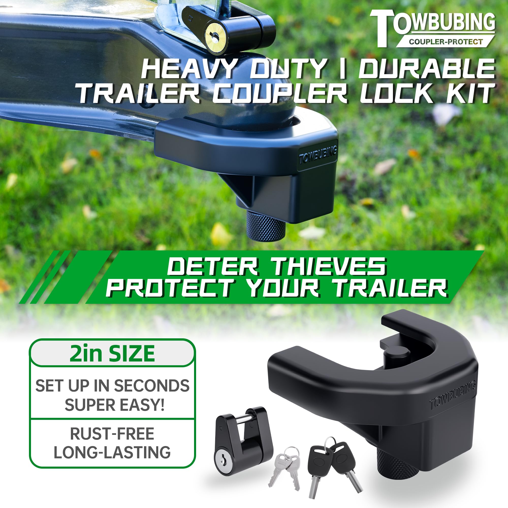 TOWBUBING lock installed on a 2" coupler demonstrating fit and safety