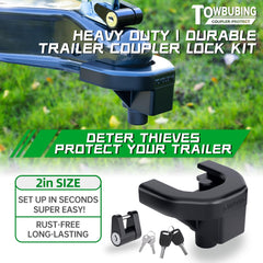TOWBUBING lock installed on a 2" coupler demonstrating fit and safety
