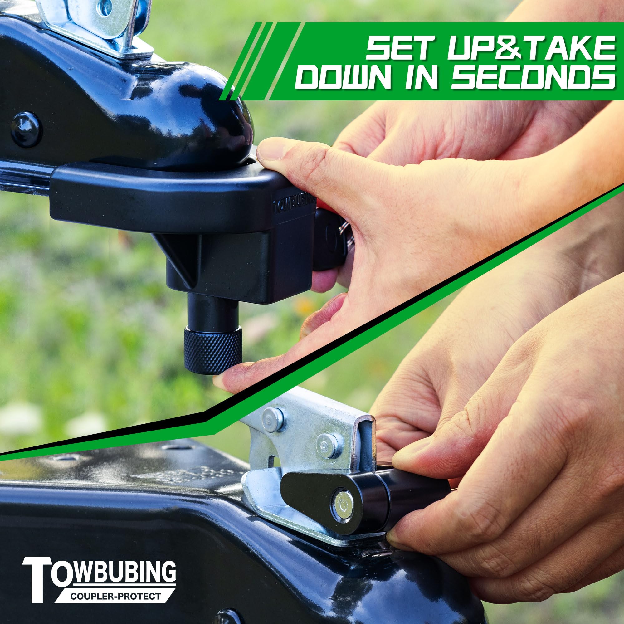 TOWBUBING lock next to ruler showing compact size and scale