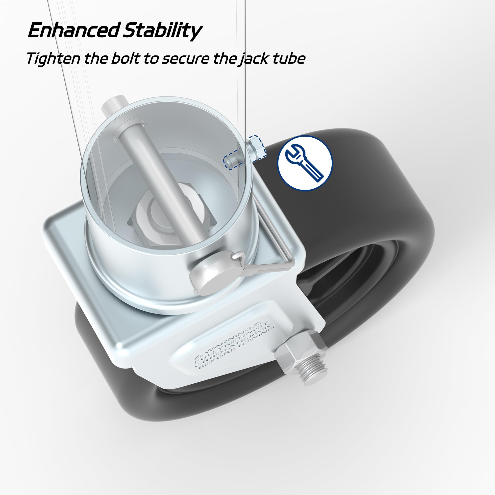 TOWKING safety pin and extra-tighten bolt detail ensuring wobble-free attachment