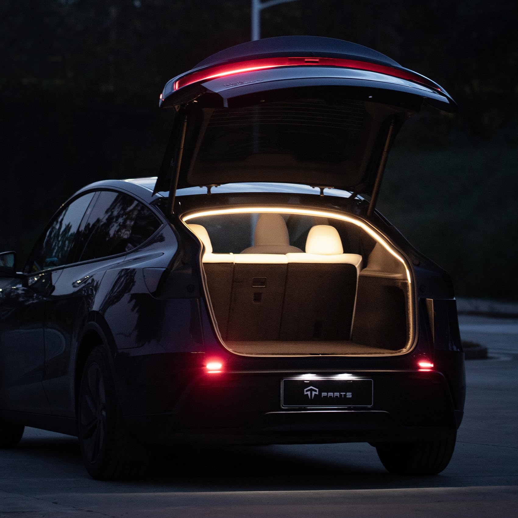 TPARTS trunk LED strip front installation showing fit and soft illumination