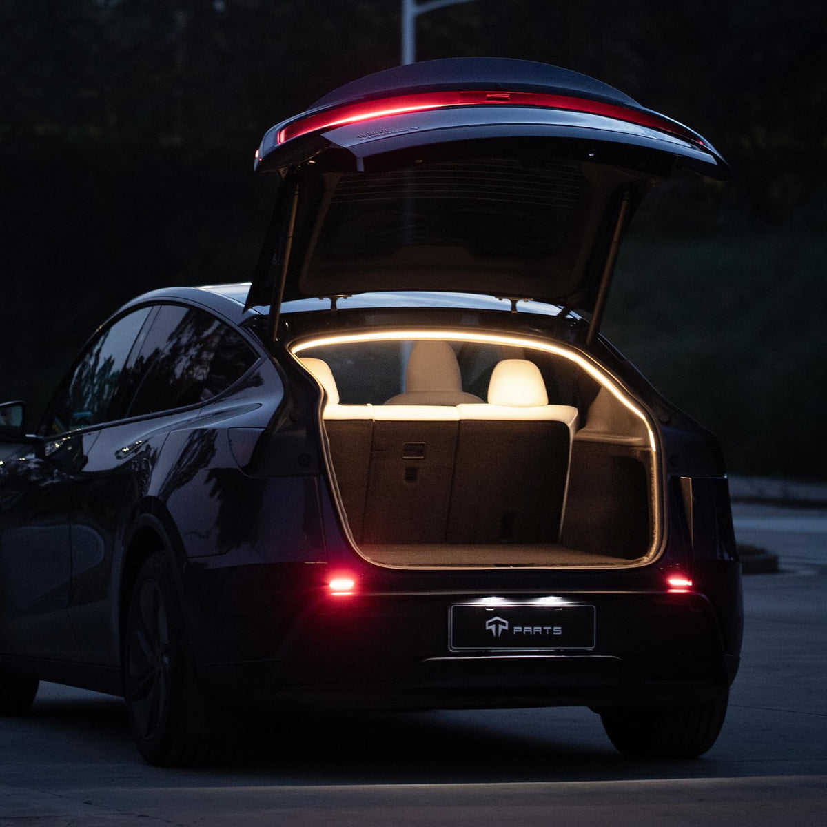 TPARTS trunk LED strip front installation showing fit and soft illumination