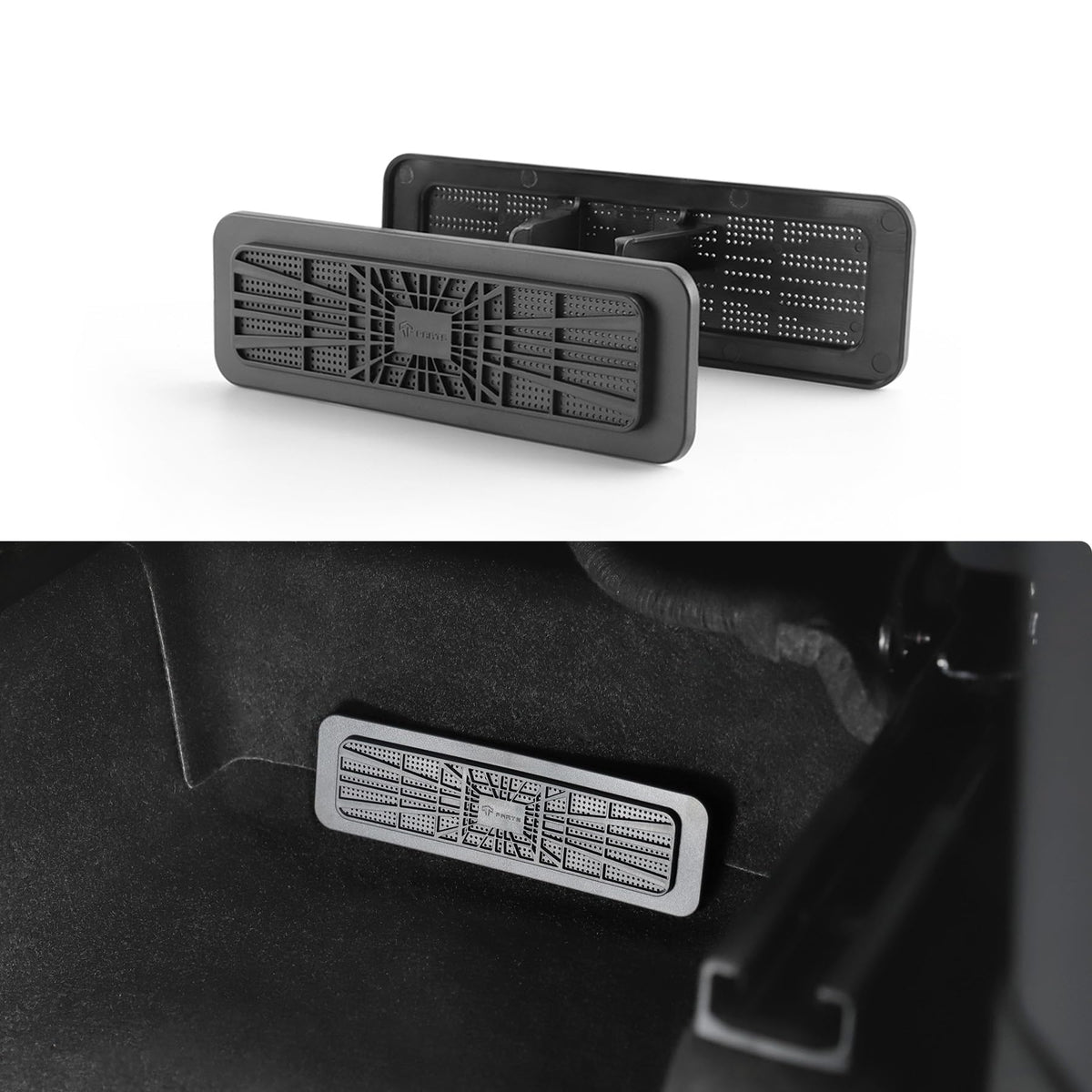 TPARTS front profile of underseat vent cover showing clean fit and protection