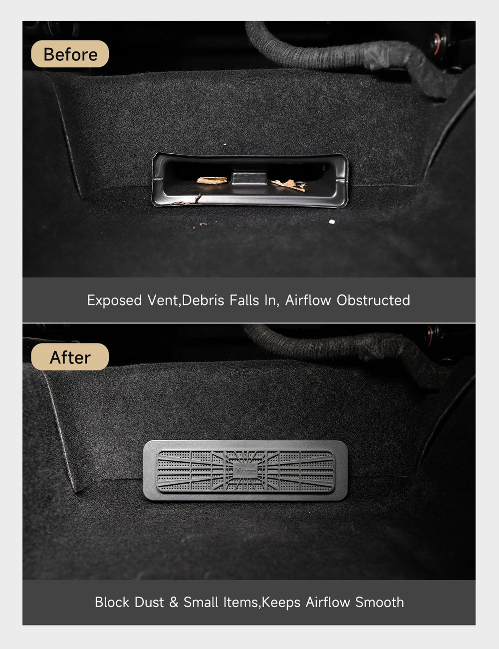 TPARTS installed on driver side underseat vent demonstrating easy snap-on benefit