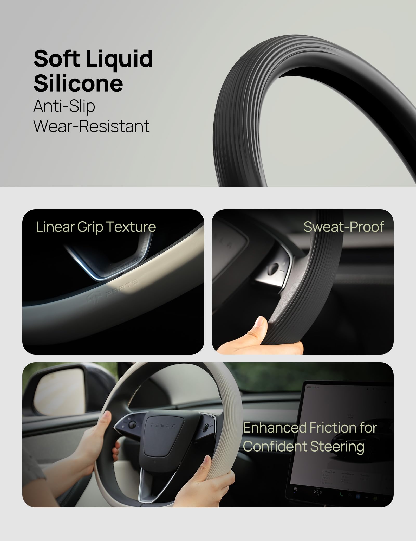 TPARTS steering wheel in use demonstrating improved grip while driving