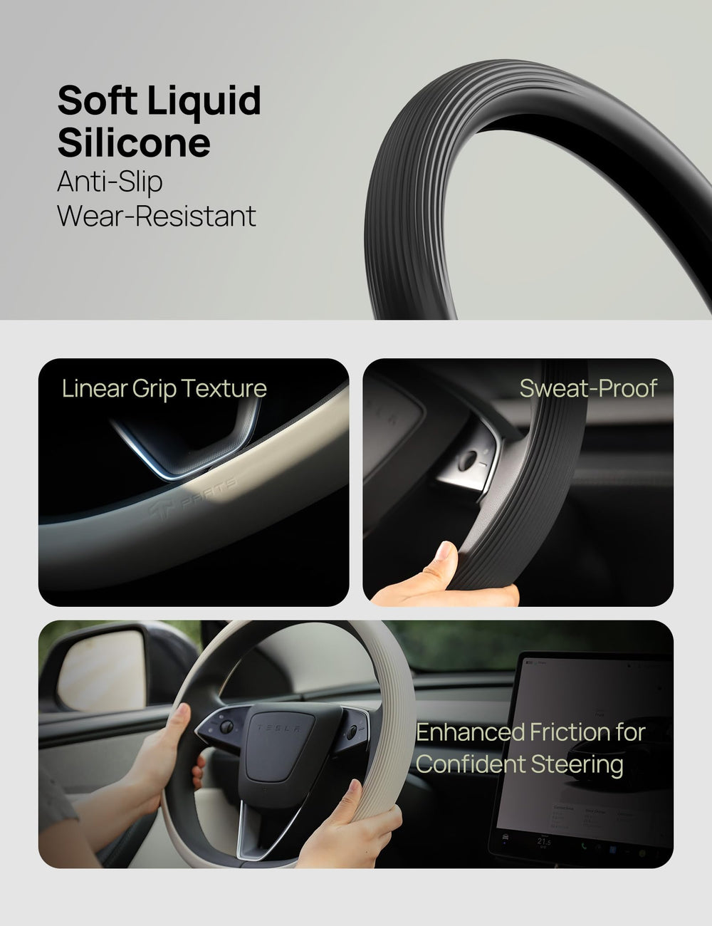 TPARTS steering wheel in use demonstrating improved grip while driving