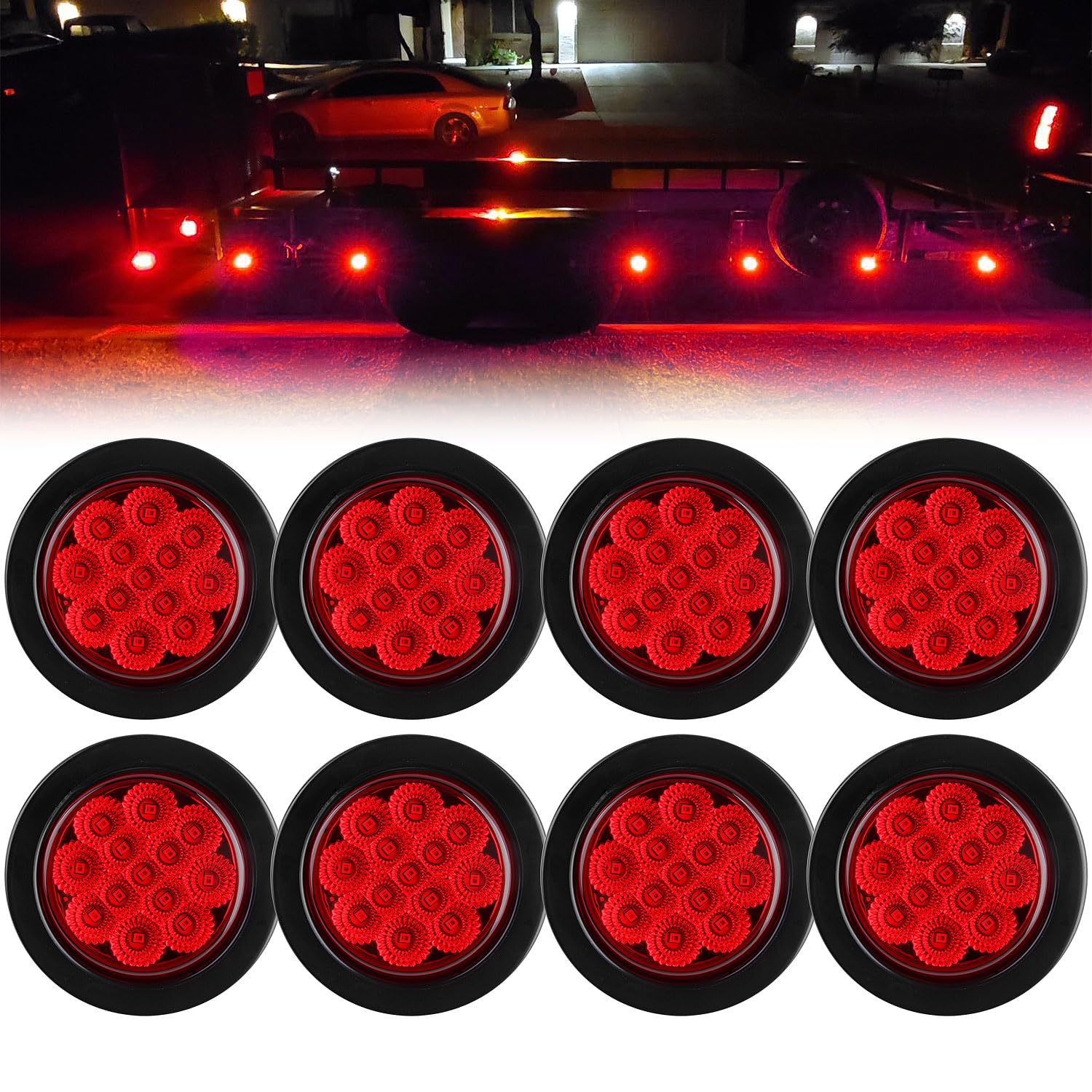 Traberm front view of red round LED marker light showing clear lens and benefit of visibility