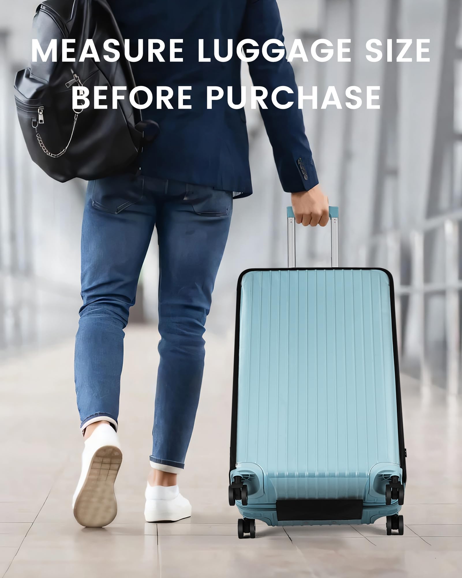 TRAVELKIN lifestyle shot of traveler spotting protected luggage quickly