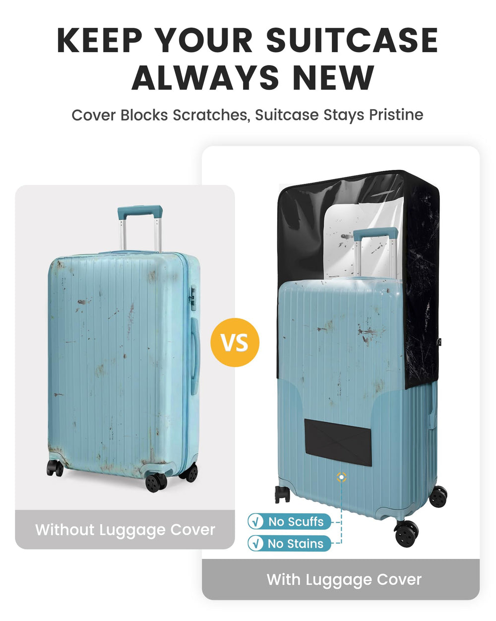 TRAVELKIN cover on suitcase in airport protecting from scuffs and spills