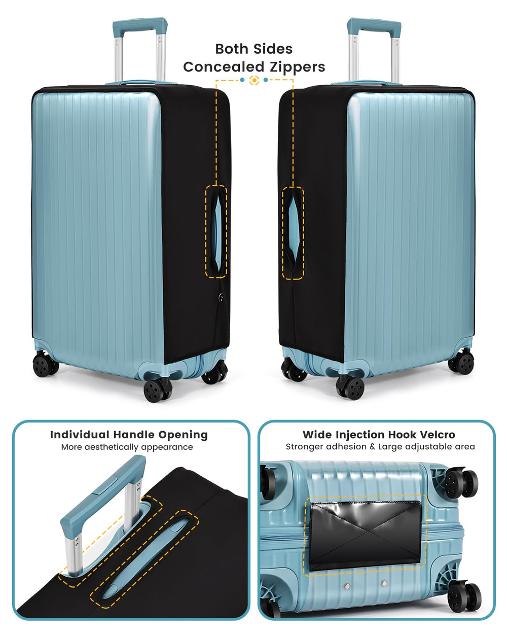 TRAVELKIN cover beside ruler illustrating medium-size fit dimensions