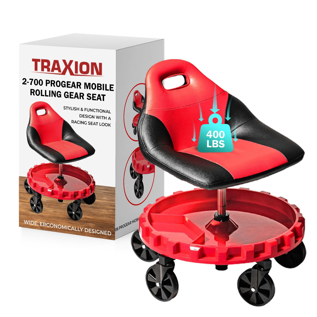 Traxion front view showing seat and tray, improves workshop productivity